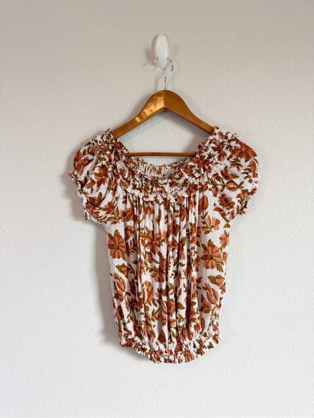 Free People Suki Garden Floral Print Smocked Off the Shoulder Top Size Small